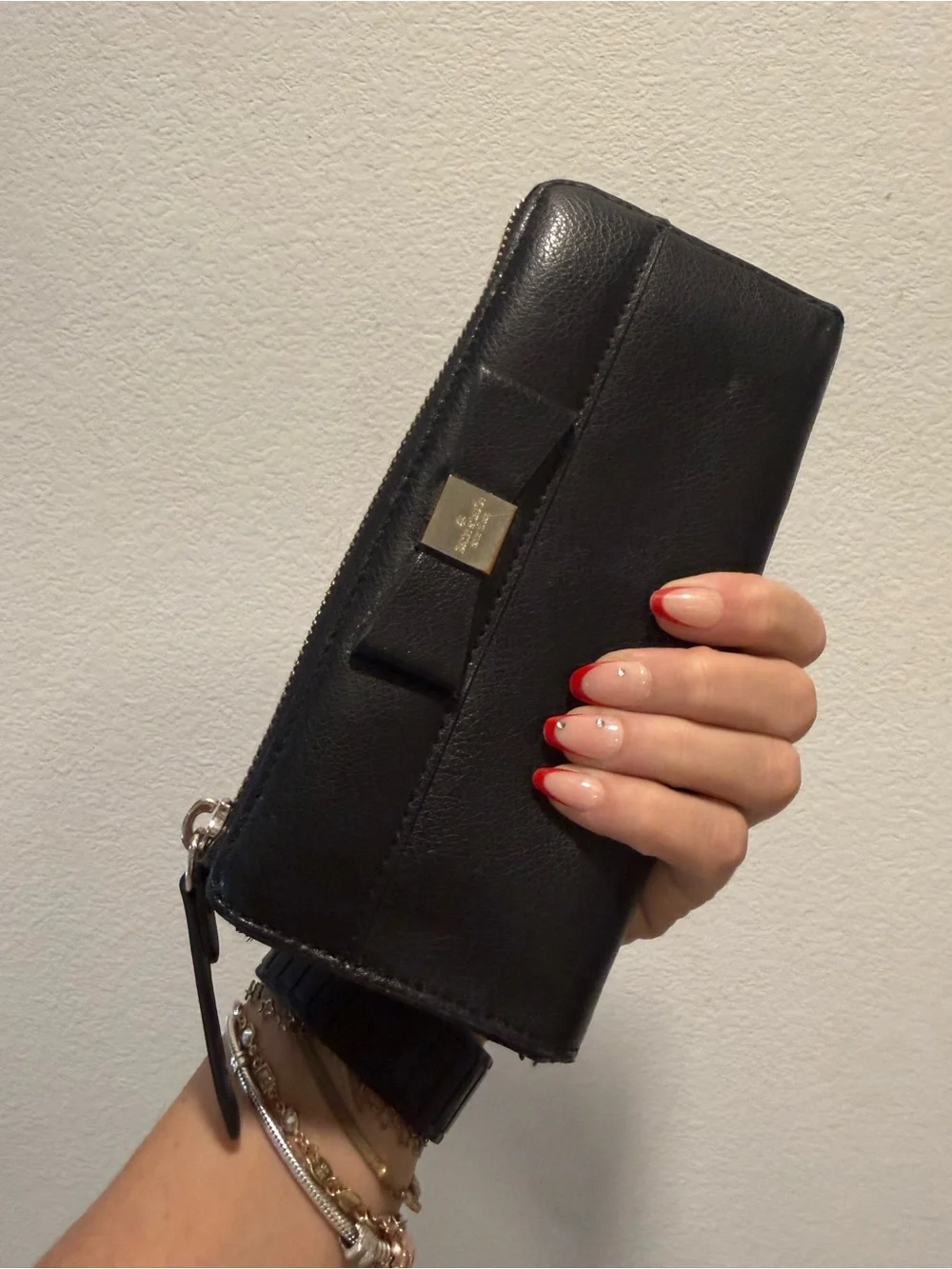 Kate Spade Black Pebbled Leather Bow Zip Around Continental Wallet
